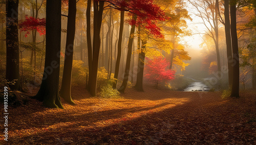 A dense forest in autumn, bathed in warm sunlight filtering through golden and red-leaved trees
