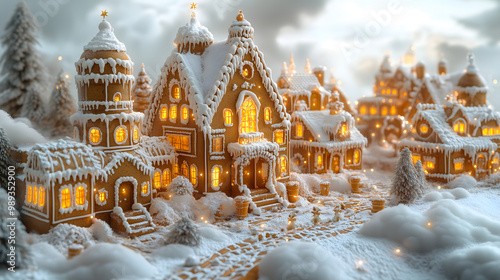 An enchanting gingerbread house village adorned with sparkling lights and snow, capturing the spirit of a winter wonderland. Generative AI