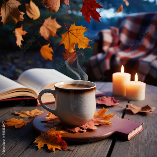 A ceramic cup of hot coffee or tea on a wooden table decorated with fallen autumn leaves