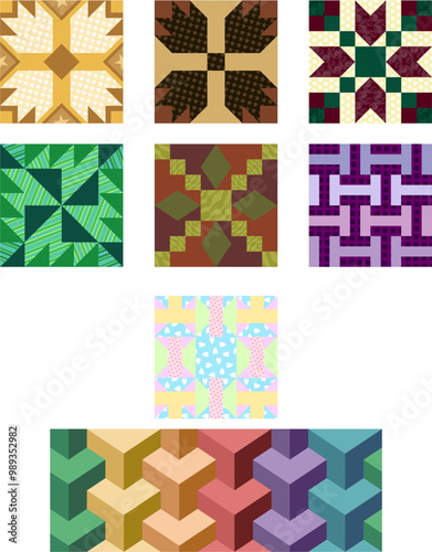 Set of traditional quilt designs in many colors 