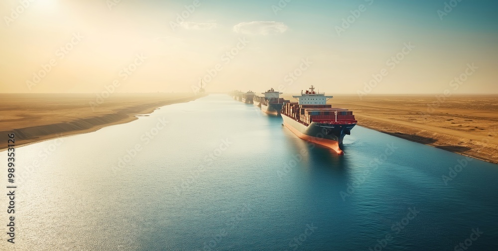 Several cargo ships sail in a line through the Suez Canal at sunset, desert landscape stretches alongside calm waters, copy space, selective focus
Several cargo ships sail in a line through the Suez Canal at sunset, desert landscape stretches alongside calm waters, copy space, selective focus