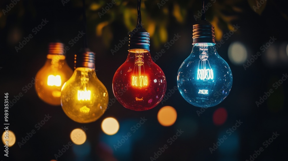 Colorful Light Bulbs Hanging in the Darkness Colorful Light Bulbs Hanging in the Darkness