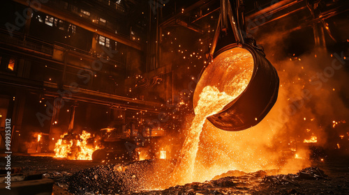 Molten metal cascades from ladle in massive steel factory, creating dramatic scene filled with fiery sparks and glowing orange hues. intense heat and energy evoke sense of industrial power and transfo photo