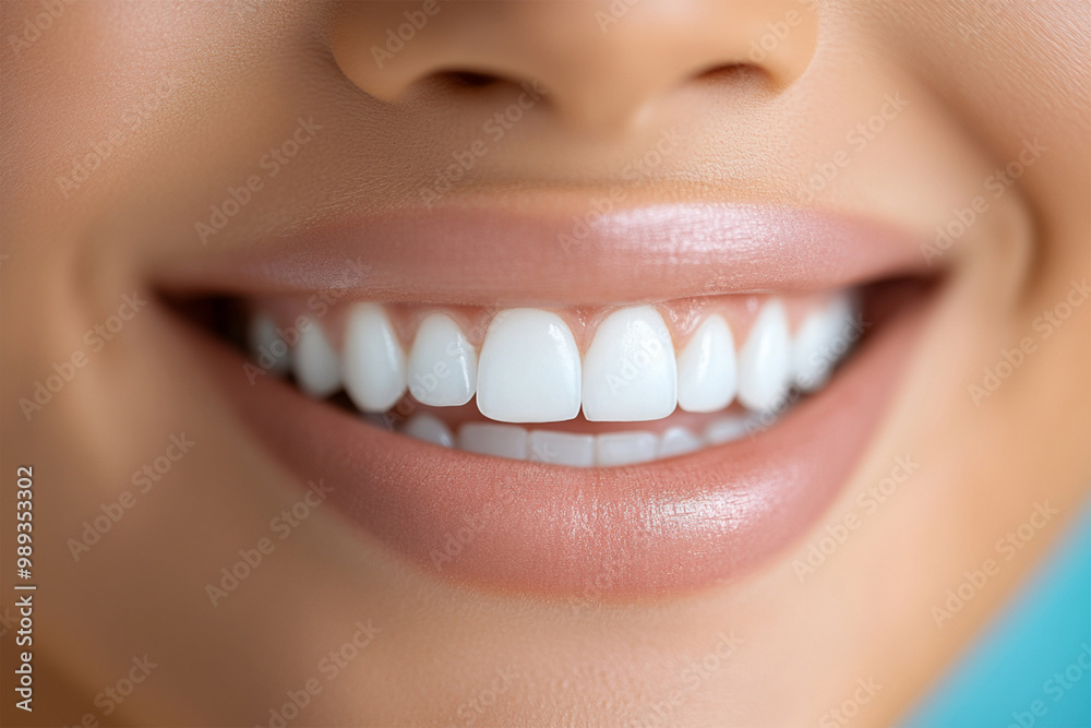 Woman mouth smiling. Her teeth are white and healthy, and she has a gentle smile on her face face white background. Whitening,health hygiene dental concept copy space Woman mouth smiling. Her teeth are white and healthy, and she has a gentle smile on her face face white background. Whitening,health hygiene dental concept copy space