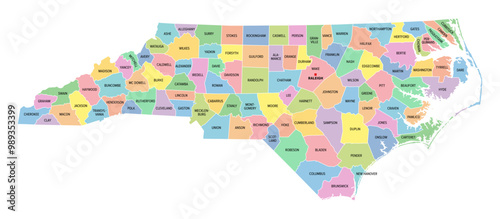 North Carolina, U.S. state, subdivided into 100 counties, multi colored political map with capital Raleigh, borders and county names. State in the Southeastern region of United States. Tar Heel State.