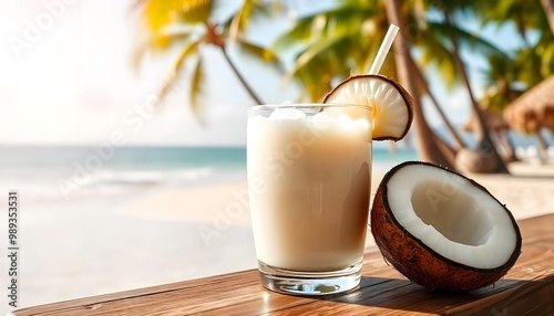 coconut milk cocktail on beach