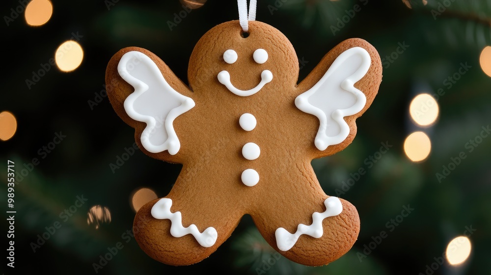 Fototapeta premium A festive gingerbread angel cookie ornament delightfully hanging on a Christmas tree adorned with twinkling lights