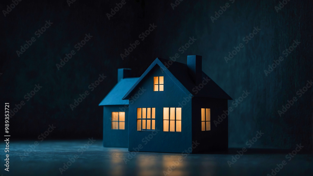 Miniature houses with glowing windows in dark setting Miniature houses with glowing windows in dark setting