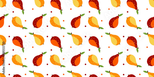 Seamless pattern with colorful pears isolated on a white background. For fabric, packaging, cover design. Element of proper nutrition. Vector graphics  