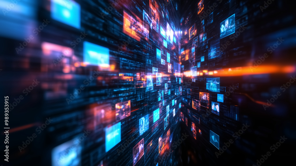 Obraz premium A dynamic digital landscape featuring colorful screens and data streams, suggesting depth and connectivity in the virtual realm.