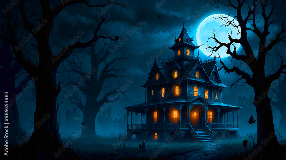 Spooky haunted house under full moonlight Spooky haunted house under full moonlight