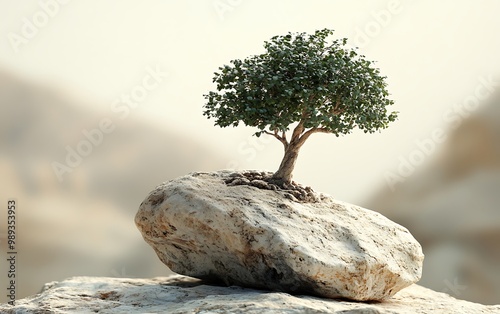Resilient Minimalist 3D Tree Growing on Rock - Symbol of Strength and Persistence
