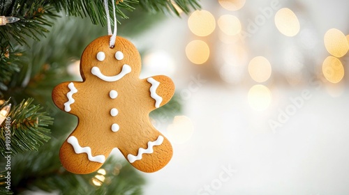 A festive gingerbread angel cookie ornament delightfully hanging on a Christmas tree adorned with twinkling lights