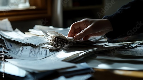 Overwhelmed by Expenses - Person Sorting Through Pile of Bills on Desk, Financial Stress Concept