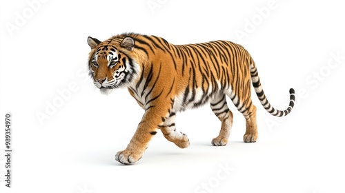 Striped Tiger Walking on White Background