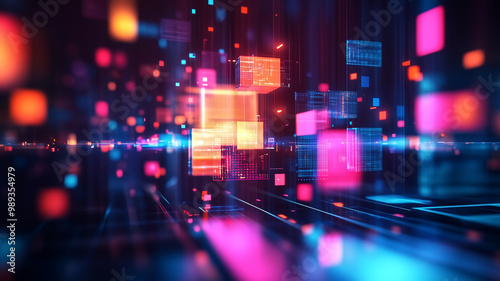 A vibrant digital scene showcasing abstract shapes and lights with glowing colors, creating a futuristic atmosphere.