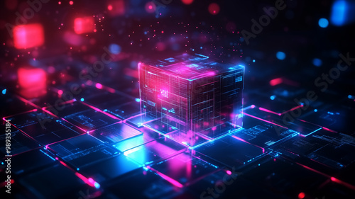 A vibrant digital cube, illuminated with neon blue and pink light, stands on a futuristic grid, evoking a sense of technology and innovation.