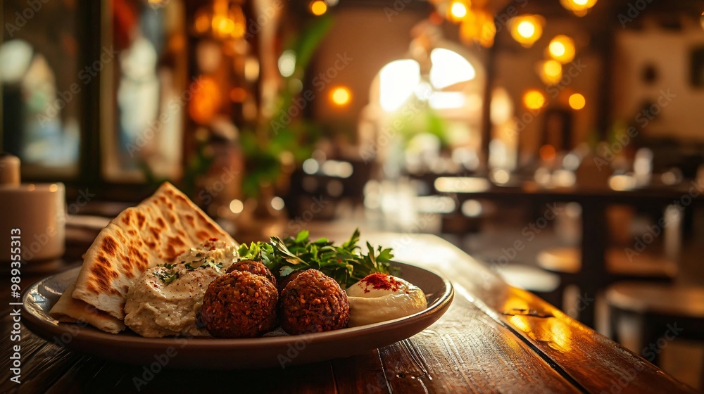 Close up of falafel, hummus, and pita bread on a plate on a wooden table. Close up of falafel, hummus, and pita bread on a plate on a wooden table.