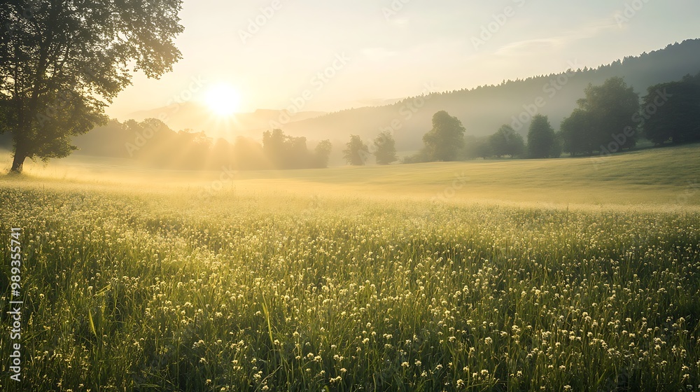 Obraz premium Tranquil Morning in Serene Meadow: Embracing Equanimity with Soft Light and Calm Breeze