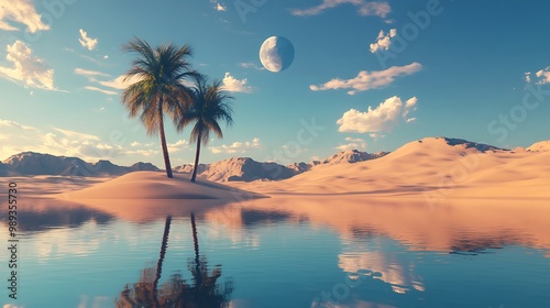 Serenity of Oasis: Surreal Desert Landscape Reflecting Equanimity and Peaceful Tranquility