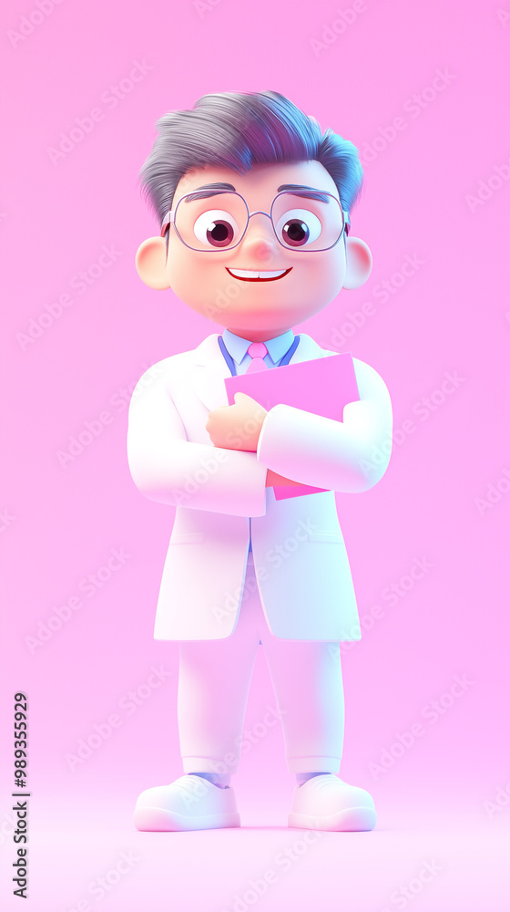Asian 40 year old man 3D cartoon Doctor holding a folder with arms crossed against purple background Asian 40 year old man 3D cartoon Doctor holding a folder with arms crossed against purple background