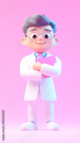 Asian 40 year old man 3D cartoon Doctor holding a folder with arms crossed against purple background