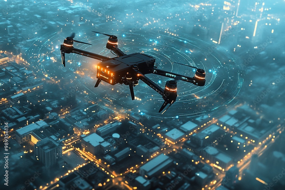 Naklejka premium Drone flying over futuristic city with digital HUD