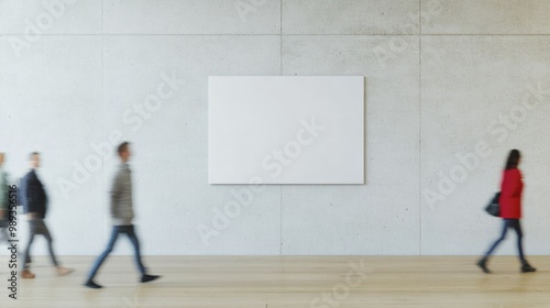 Contemporary Blank Poster Mockup on Light Gray Plaster Wall with Blurred Figures in Motion, Low-Angle Shot, Daytime