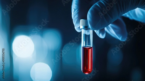 A laboratory image showcasing a gloved hand holding a test tube with red liquid, set against a blurred background.