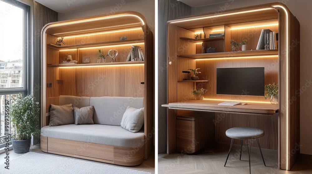 Fototapeta premium A multifunctional unit with a fold-out desk and shelves for a small apartment.