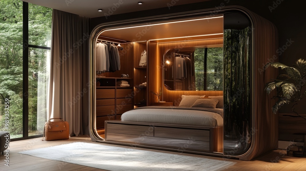 Naklejka premium A multifunctional wardrobe with integrated drawers and a fold-out mirror in a chic bedroom.