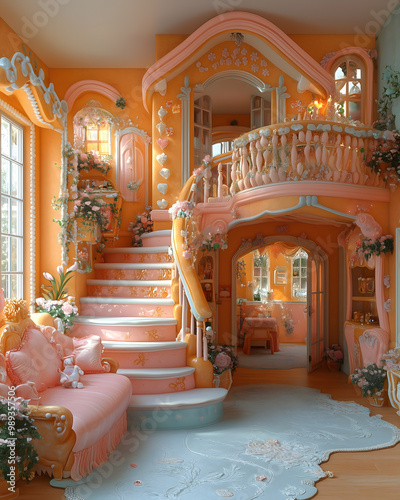 A whimsical gingerbread house interior filled with colorful candy details and delightful decorations in a cozy atmosphere. Generative AI