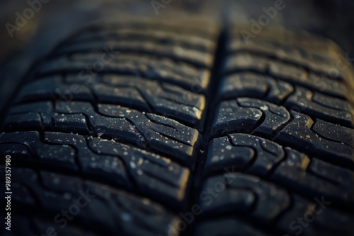 A detailed close-up photograph of a tire tread showcasing its texture and design features under natural lighting. photo