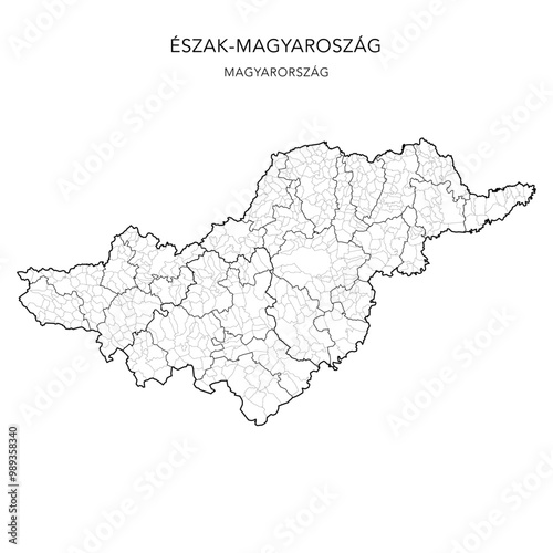 Administrative Map of the Northern Hungary Region (Észak-Magyarország) with Counties (Vármegyék), Districts (Járások) and Municipalities (Télépülések) as of 2024 - Hungary - Vector Map