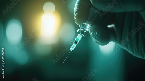 A hand holding a syringe, with a glowing background that suggests a medical or pharmaceutical context.
