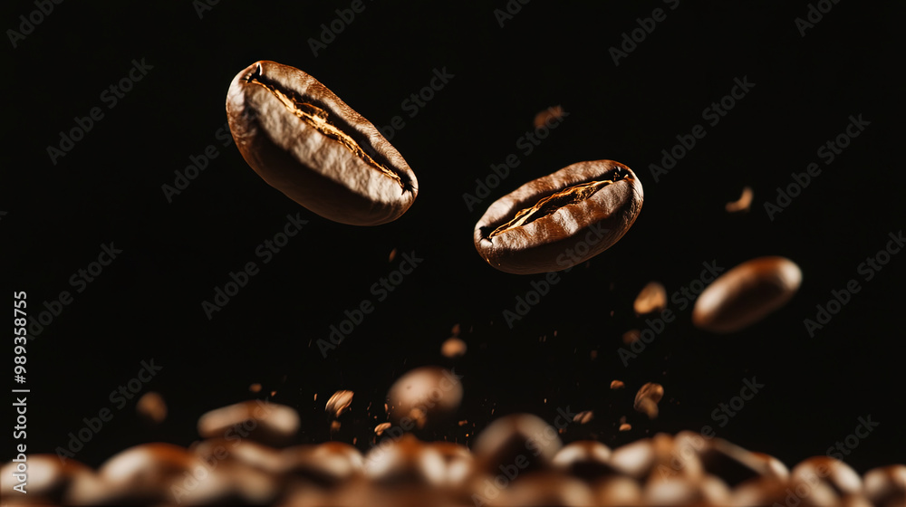 Roasted Falling Coffee Beans Captured in Mid-Air Roasted Falling Coffee Beans Captured in Mid-Air