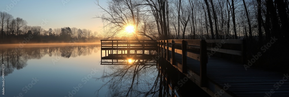 A calm lake reflecting the serene sunset with a dock extending into the water, surrounded by bare trees and golden horizon. A calm lake reflecting the serene sunset with a dock extending into the water, surrounded by bare trees and golden horizon.