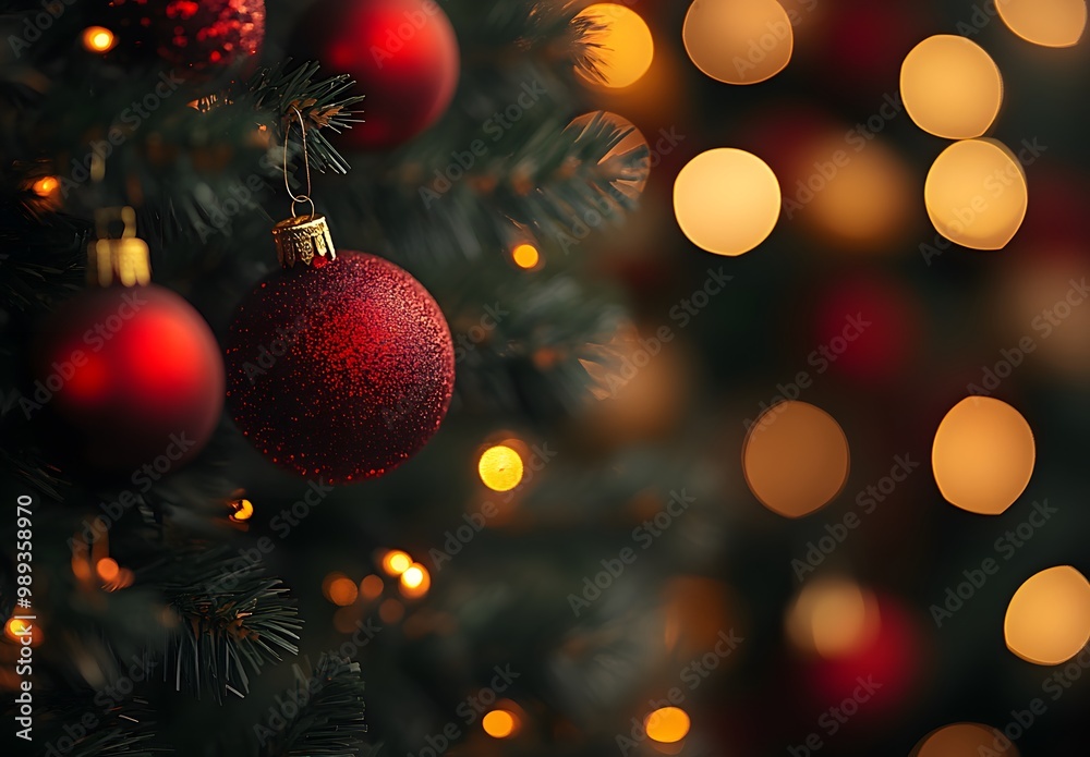 Closeup Red Ornament Christmas Tree Lights Closeup Red Ornament Christmas Tree Lights