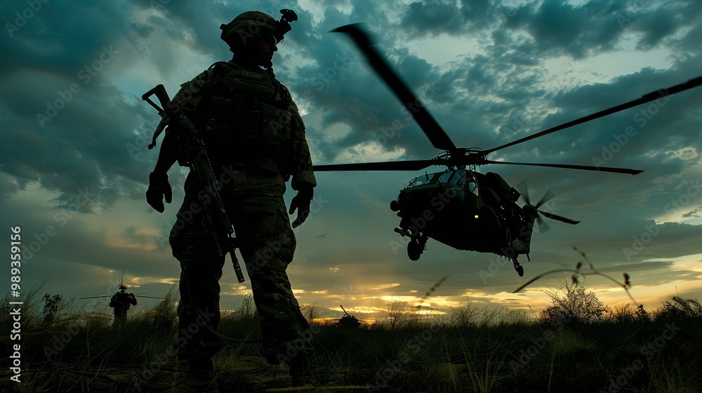 Silhouette of soldier utilizing drones for tactical operations and reconnaissance missions