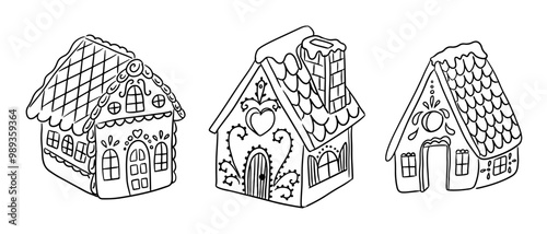 Doodle hand drawn Christmas gingerbread houses. Different kind of holiday eatable house made of cookies isolated on white background. Holiday design for Christmas for coloring pages, stickers