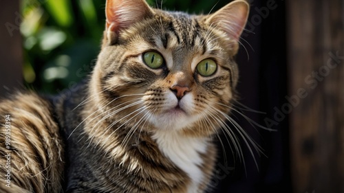 A detailed close-up of a tabby cat with striking green eyes, sitting outside in natural sunlight, looking attentive. 