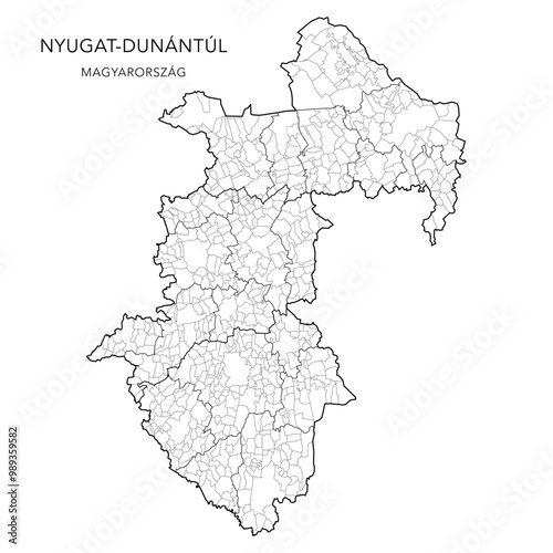 Administrative Map of the Western Transdanubia Region (Nyugat-Dunántúl) with Counties (Vármegyék), Districts (Járások) and Municipalities (Télépülések) as of 2024 - Hungary - Vector Map