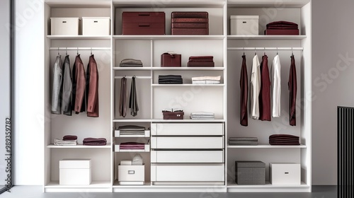 Minimalist White Wardrobe with Symmetrical Design, Organized Storage, and Tranquil Atmosphere for Home Organization Solutions and Interior Design Concepts