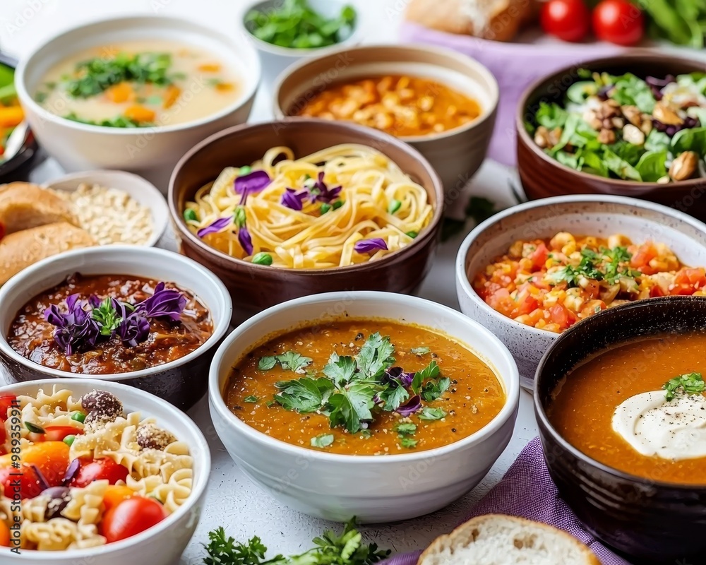 Gourmet Delights Artfully Arranged Bowls with Vibrant Soup and Fresh Garnishes on White Surface - Close-up Food Still Life for Culinary Concepts Gourmet Delights Artfully Arranged Bowls with Vibrant Soup and Fresh Garnishes on White Surface - Close-up Food Still Life for Culinary Concepts