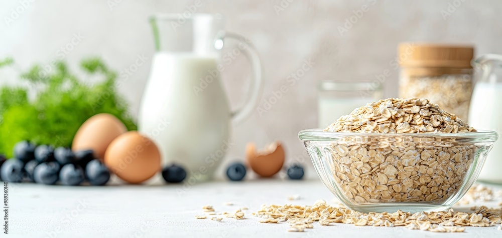 Nourishing Morning Indulgence Close-Up of Elegant Glass Bowl Brimming with Rolled Oats, Delicate Blueberries, and Fresh Ingredients on Soft Beige Background - Serene Breakfast Concept Nourishing Morning Indulgence Close-Up of Elegant Glass Bowl Brimming with Rolled Oats, Delicate Blueberries, and Fresh Ingredients on Soft Beige Background - Serene Breakfast Concept