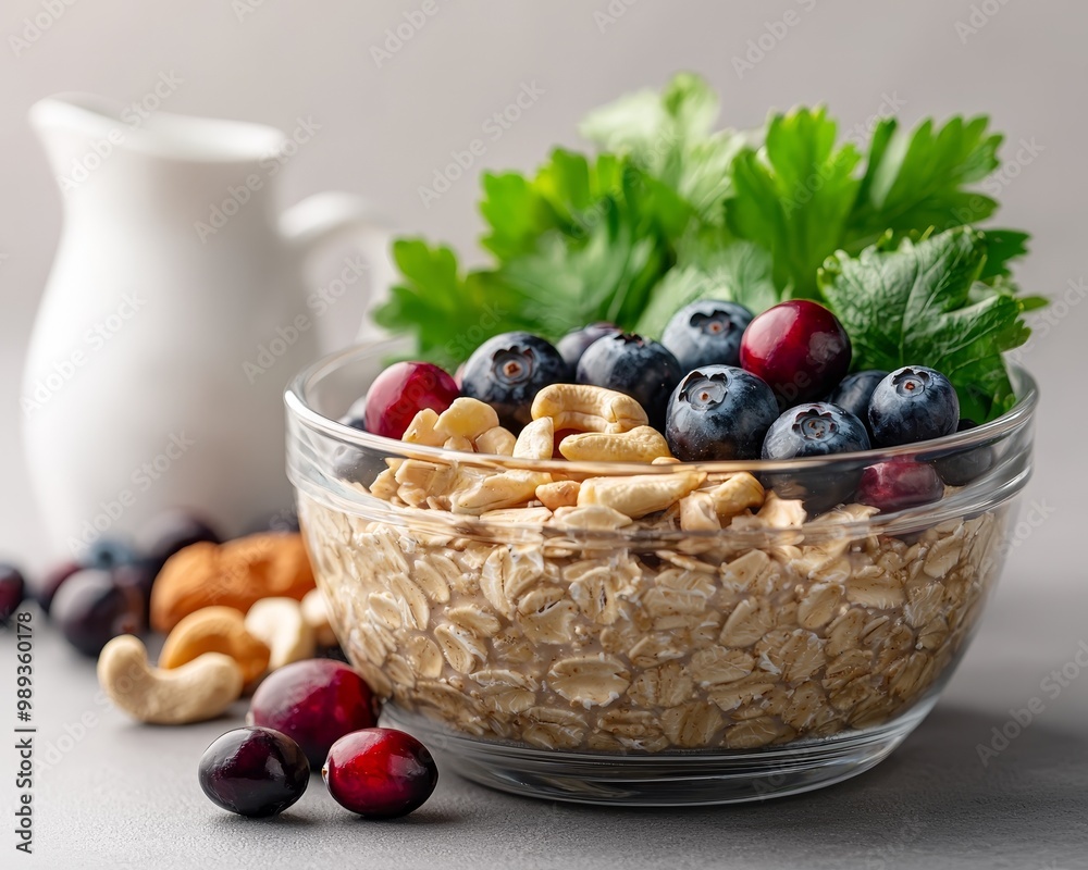 Nutritious Breakfast Bowl Vibrant Oatmeal Delight with Blueberries, Cranberries, and Cashews on Gray Table - Healthy Eating Concept Nutritious Breakfast Bowl Vibrant Oatmeal Delight with Blueberries, Cranberries, and Cashews on Gray Table - Healthy Eating Concept