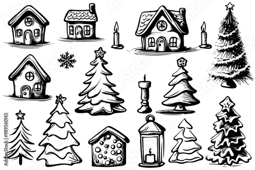 A collection Christmas decorations including houses, trees, and candles. Scene is festive and cozy