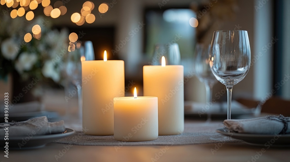 A set of elegant candles in various heights arranged on a dining table. A set of elegant candles in various heights arranged on a dining table.