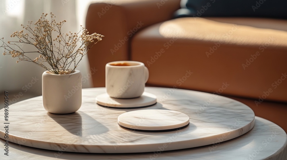 A set of elegant coasters made from marble displayed on a coffee table. A set of elegant coasters made from marble displayed on a coffee table.