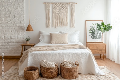 Serene Bedroom Oasis Closeup of Crisp White Linens on Central Bed, Minimalist Boho Decor with Natural Textures, Tranquil Atmosphere for Home Design Inspiration